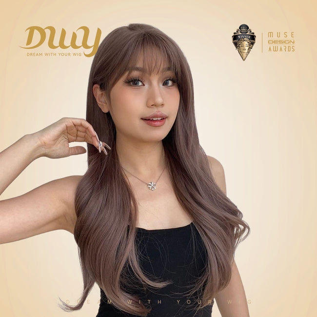 Asha-DWY Mid-Length Wavy MiraScalp Chocolate Brown with Bangs Large Realistic Scalp Glueless Synthetic Wig