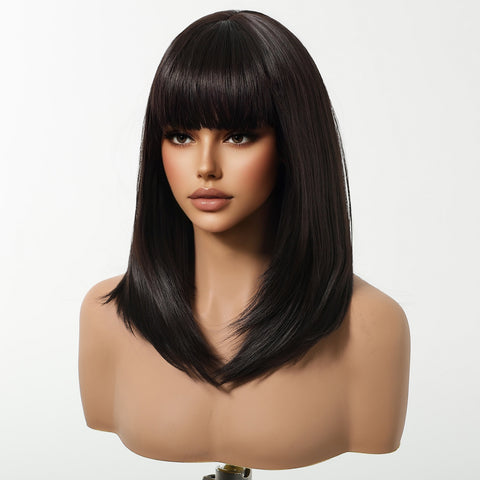 【Year End Sale】Dwy Chic Chin-Length Layered Brown Synthetic Wig with Bangs