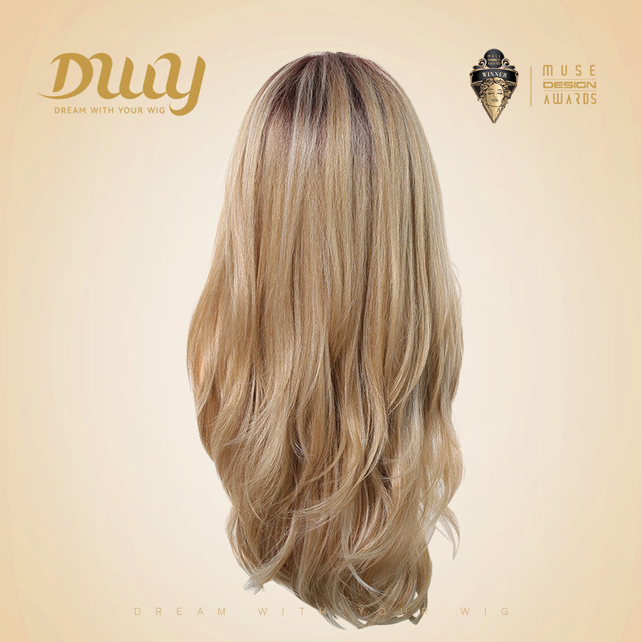 Evie-DWY Mid-Length Wavy Ombre Blonde with Bangs Glueless Synthetic Wig for Women 24 Inches
