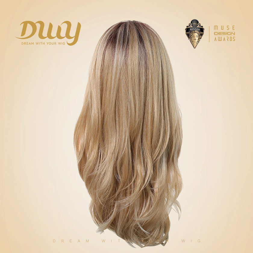 Evie-DWY Mid-Length Wavy Ombre Blonde with Bangs Glueless Synthetic Wig for Women 24 Inches