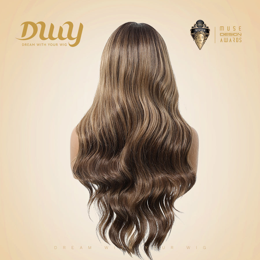 Mocca-DWY 13×6 Libera Lace Free Part Long-Length Wavy Brown with Highlights Synthetic Wig