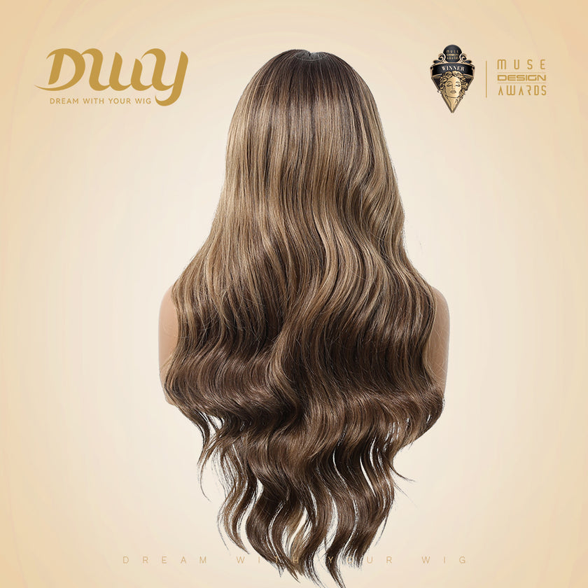 Mocca-DWY 13×6 Libera Lace Free Part Long-Length Wavy Brown with Highlights Synthetic Wig