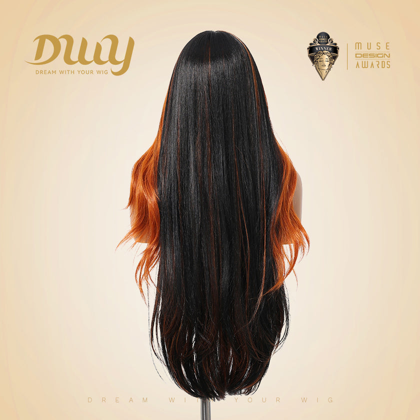 Mina C-DWY Lace Front Middle Part Long Body Wavy Orange Ombre Glueless Synthetic Wig