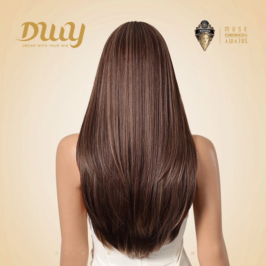 Tara-DWY Machine Made Long Silky Straight Chocolate Brown with Highlights with Bangs Glueless Synthetic Wig for Women 26 Inches