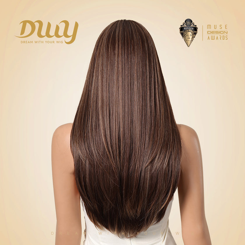 Tara-DWY Machine Made Long Silky Straight Chocolate Brown with Highlights with Bangs Glueless Synthetic Wig for Women 26 Inches