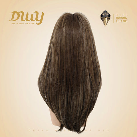Tina- DWY NEWIN Long-length Layer-cut Straight with Air Bangs Linen Brown with Highlights Glueless Synthetic Wig