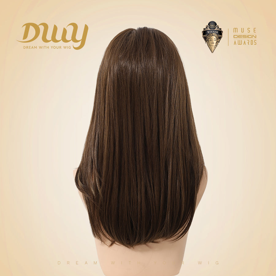 Morita-DWY Lace Front 13*4 Free Part Mid-Length Straight Brown with Highlights Glueless Synthetic Wig for Women 16 Inches