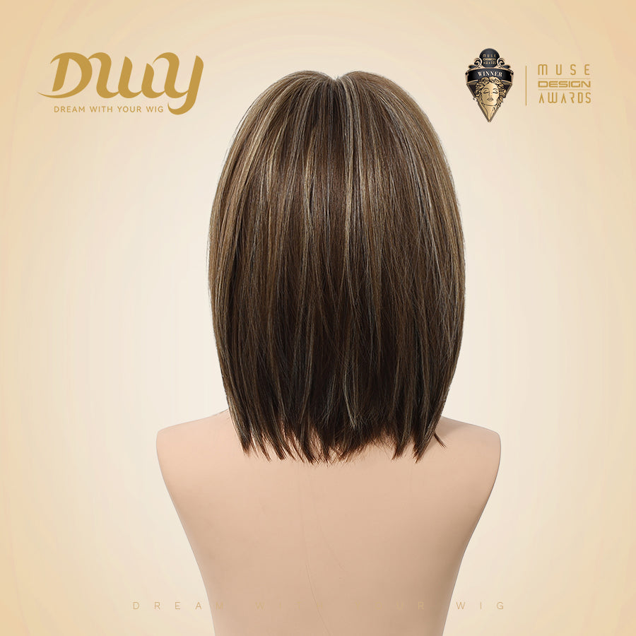 Jean plus -DWY【Gen 2 Large Realistic Scalp】Short Straight Brown with Blonde Highlights Glueless Synthetic Wig with Bangs