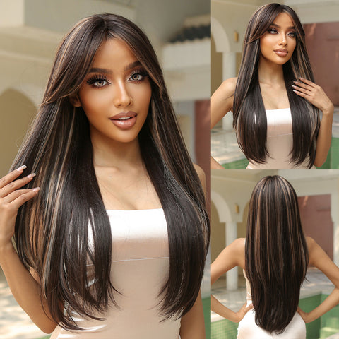 28-inch Long Straight Black highlight blonde Wigs with bangs wigs for Women LC2075-1