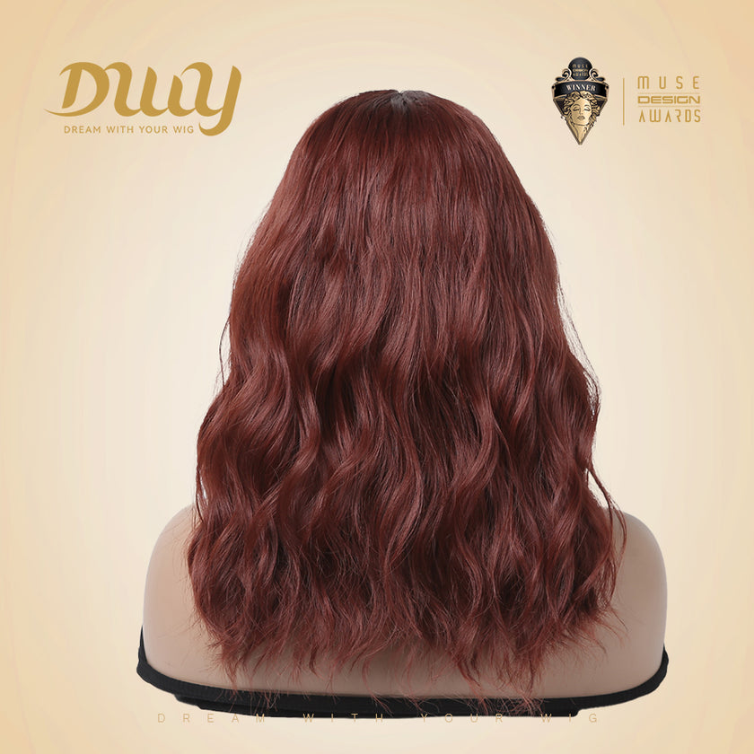 Catalina-DWY Machine Made Dark Red Wavy Bob wigs Glueless  Synthetic  Wig for Women 16  Inches