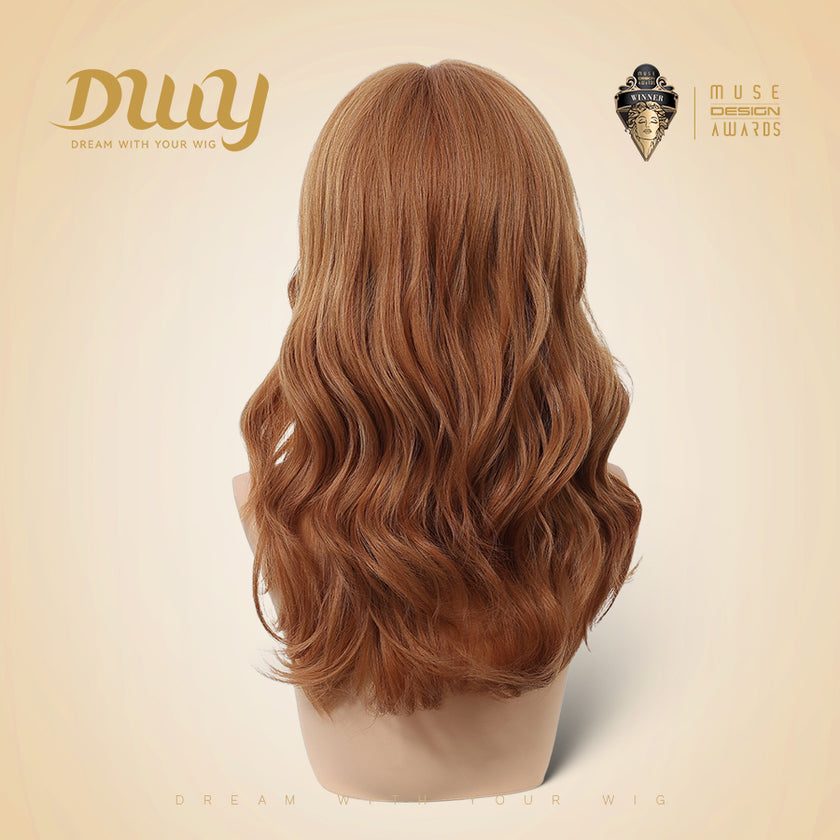 Rina-DWY Machine Made Mid-length Wavy Hairstyle Auburn with Blunt Bangs Glueless Synthetic Wig for Women 18 Inches