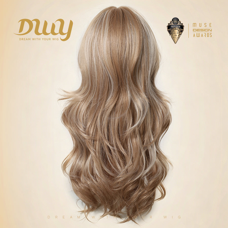 Cassie - DWY Long Wave Milk Tea Blonde Highlights Glueless Synthetic Wig with Bangs for Women 26 Inches Premium Quality Convenient Wigs