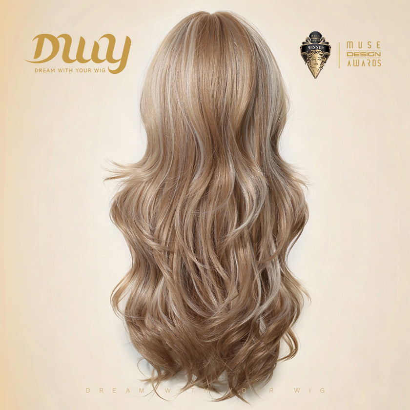 Cassie - DWY Long Wave Milk Tea Blonde Highlights Glueless Synthetic Wig with Bangs for Women 26 Inches Premium Quality Convenient Wigs