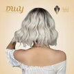 June-DWY Machine Made Short Wavy Hairstyle with Blunt Bangs Dark Root to Platinum Blonde Ombre Glueless Synthetic Wig for Women 12 Inches