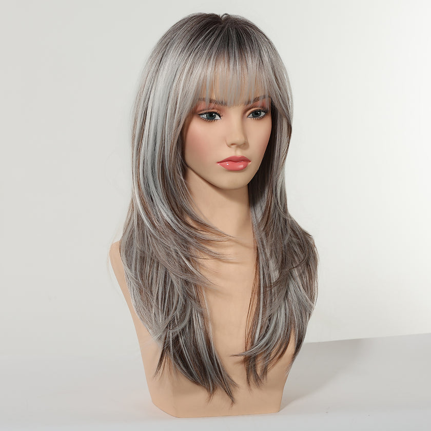 Elara-DWY 22 Inch Silver Grey Balayage Long Layered Wig with Air Bangs | Natural Synthetic Hair for Women | Daily Wear & Versatile Styling