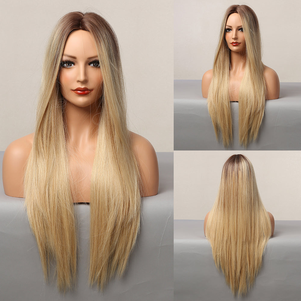 26 inchs ombre blonde middle part long straight hair  synthetic wigs for women dailywear party cosplay