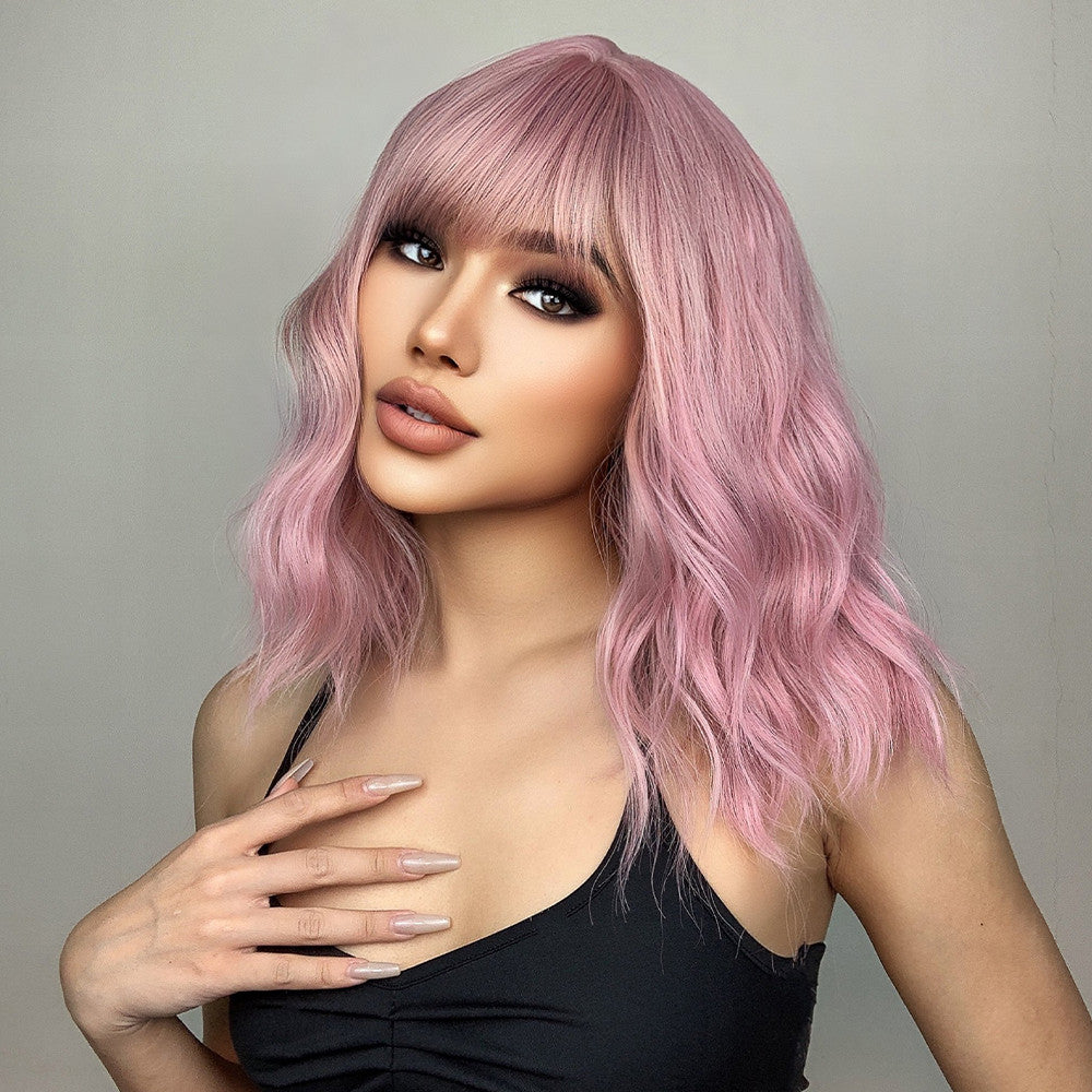 Us Only) DWY WIGS 14 Inch Short Pink Wavy Curly Wig with Bang