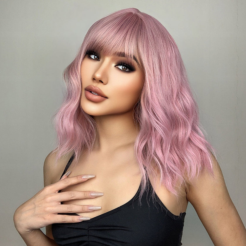 Us Only) DWY WIGS 14 Inch Short Pink Wavy Curly Wig with Bang
