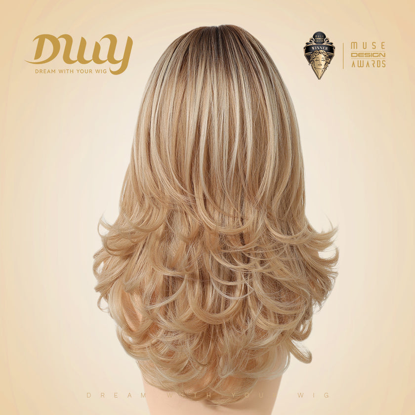 Fallon-DWY Machine Made Middle Part Long Wavy Rooted Light Blonde Glueless Synthetic Wig with Side Bangs for Women 22 Inchess