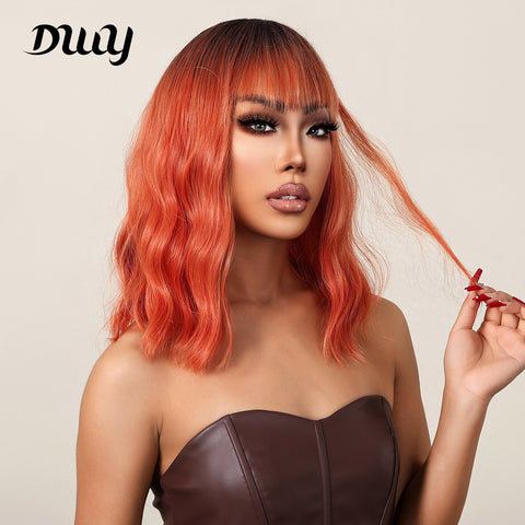 18 Inches Long Curly Red Wigs with Bnags and Black Roots Synthetic Wigs Women's Wigs for Daily or Cosplay Use LC2013-1