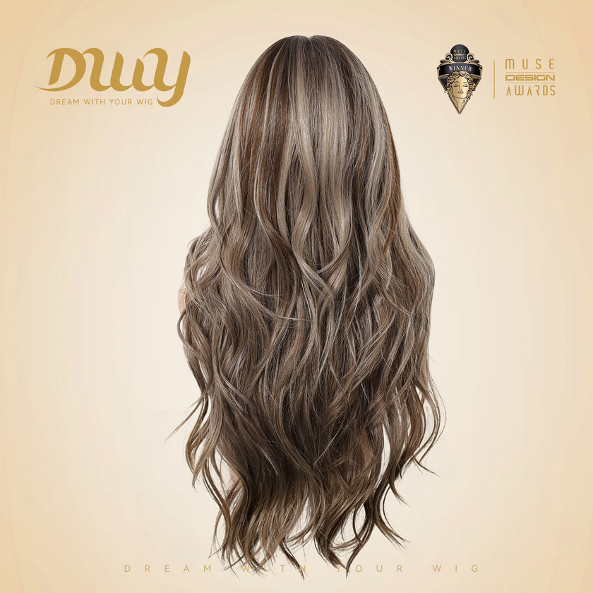 Apricot -DWY New Technology! Bionic Silk Top 24-Inch Long Wave Cowboy Copper Glueless Synthetic Wig with Bangs for Women High-Quality Premium Fiber Easy Wear Comfortable Fit
