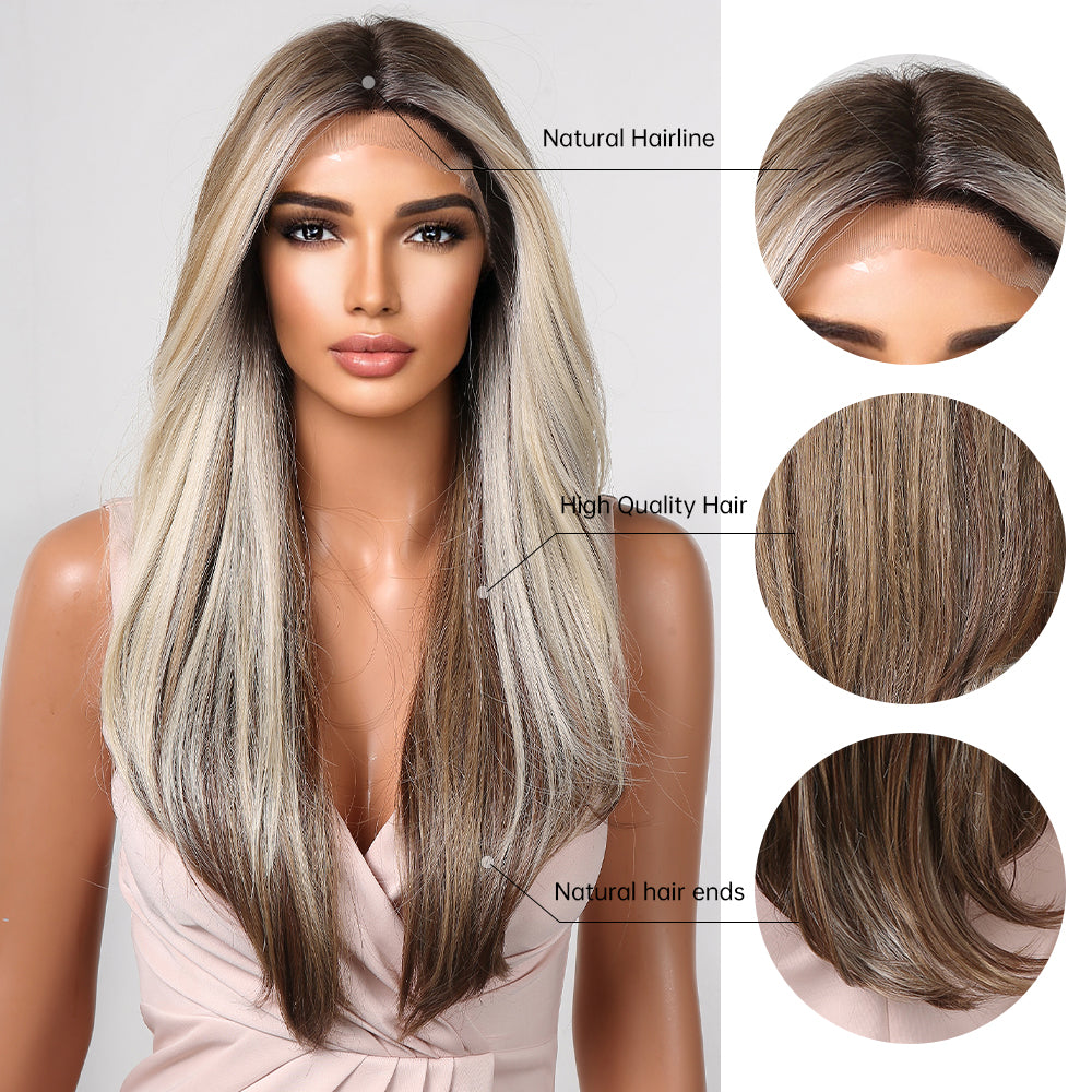 Bianca-DWY Lace Front 13×6 Balayage Blonde Brown Natural Wavy Free Part Synthetic Wig