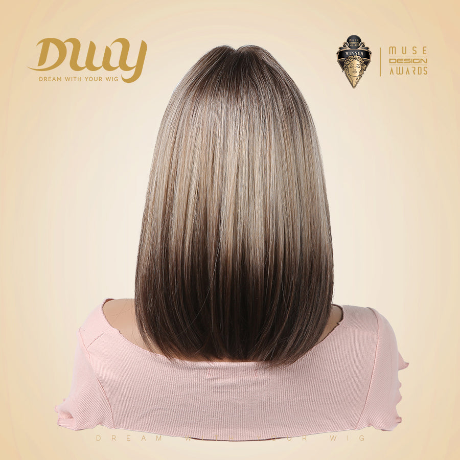Lucille H-DWY Short Rooted Blonde with Brown Ends Natural Straight Glueless Synthetic Wig with Bangs for Women 12 Inches