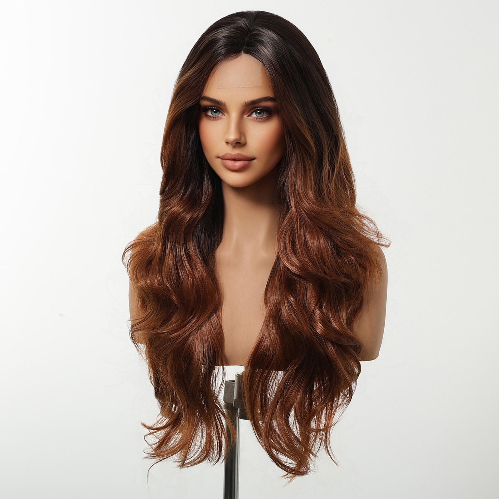 DWY Copper Brown Natural Wavy Synthetic Wig with Middle Parting