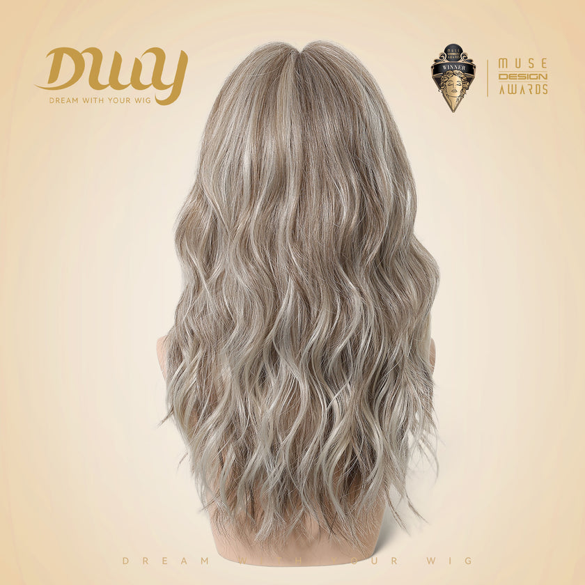 Vesper - New! DWY Bionic Silk Top 22-Inch Long Beachy Wave Ash Blonde Balayage Glueless Synthetic Wig with Bangs for Women High-Quality Premium Fiber Easy Wear Comfortable Fit Summer Looks