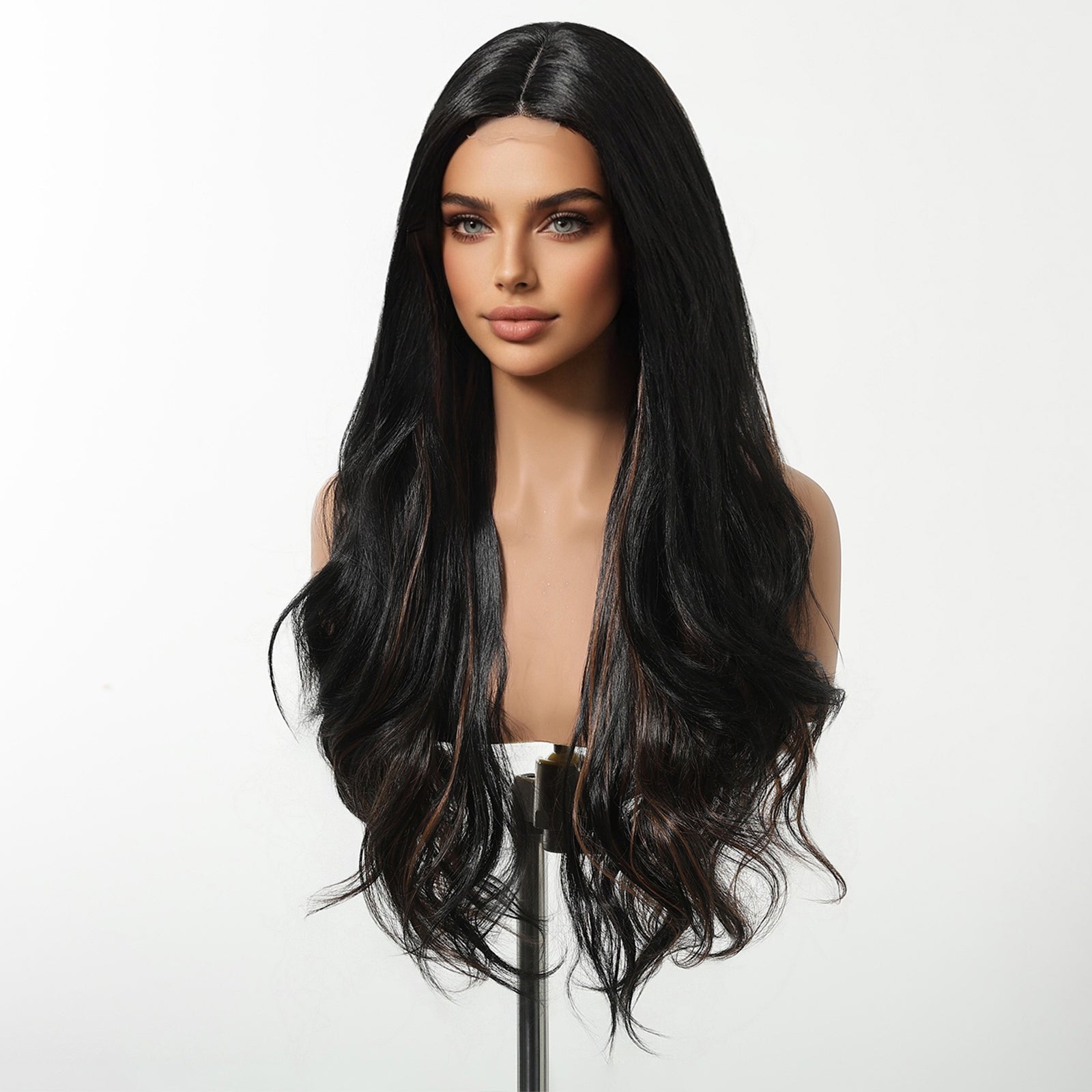 DWY Money Piece Brown Long Natural Wavy Synthetic Wig