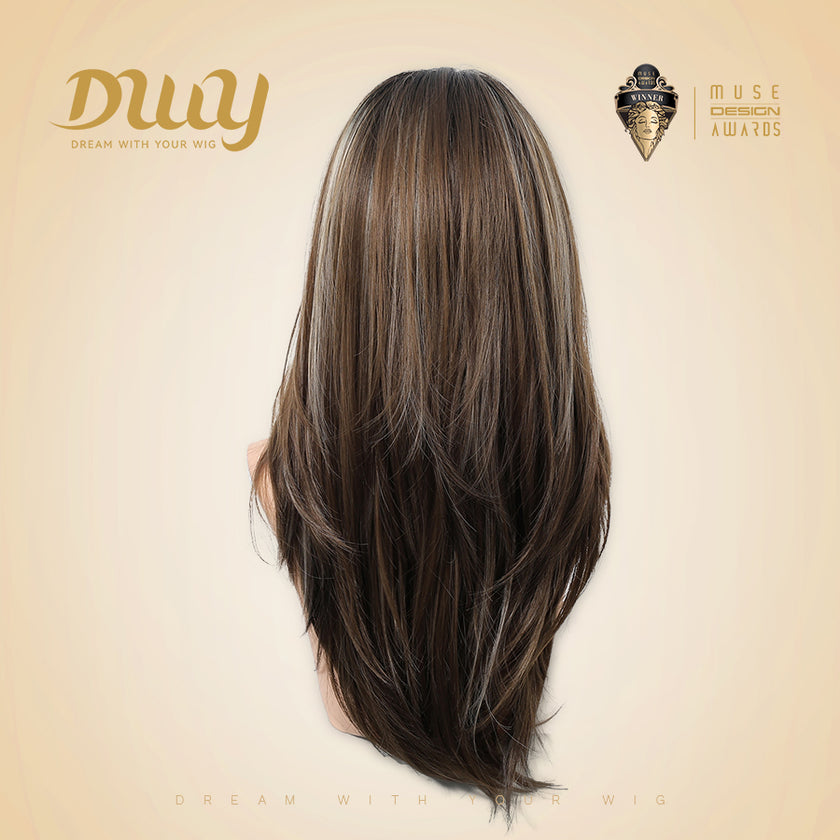 Amaris C-New! DWY 13×4 Lace Front Free Part Long-Length Straight Brown with Blonde Highlights Beautiful Layer Glueless Synthetic Wig for Women 24 Inches