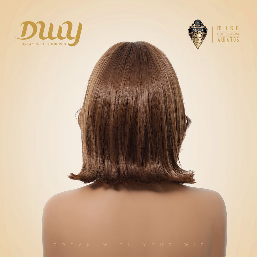 Aine-DWY Short-Length Tea Brown Flip Bob Wig with Bangs Glueless Synthetic Wig