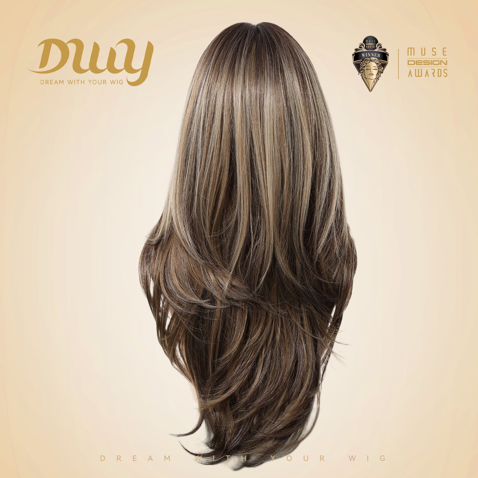 Riley- New! DWY Bionic Silk Top 26-Inch Long Body Wave Layer-cut Brown Balayage Glueless Synthetic Wig with Bangs for Women High-Quality Premium Fiber Easy Wear Comfortable Fit Summer Look