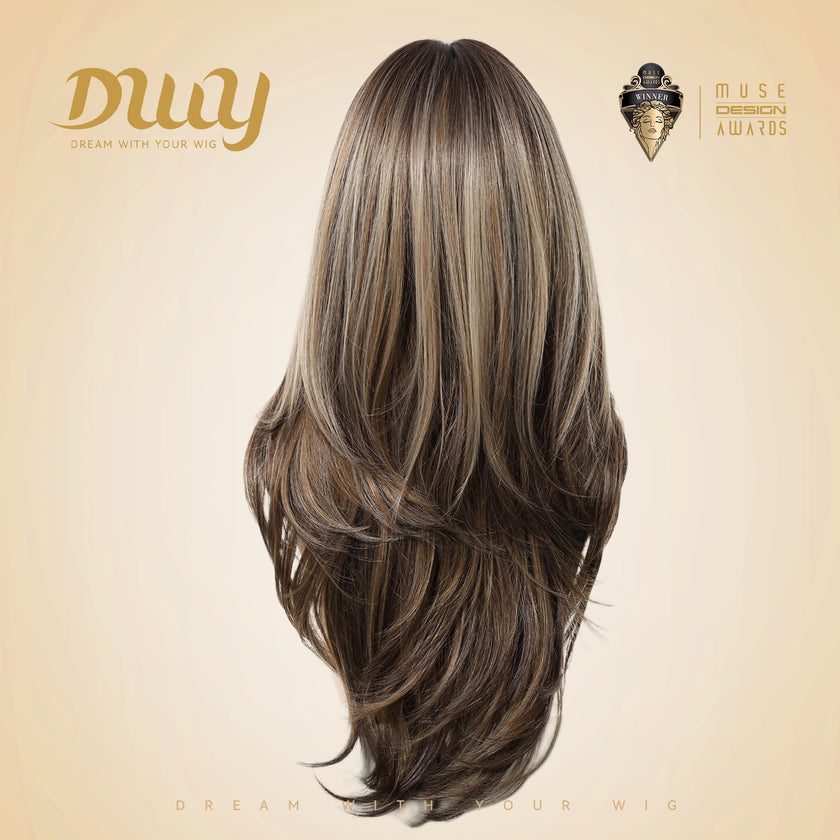 Riley- New! DWY Bionic Silk Top 26-Inch Long Body Wave Layer-cut Brown Balayage Glueless Synthetic Wig with Bangs for Women High-Quality Premium Fiber Easy Wear Comfortable Fit Summer Look