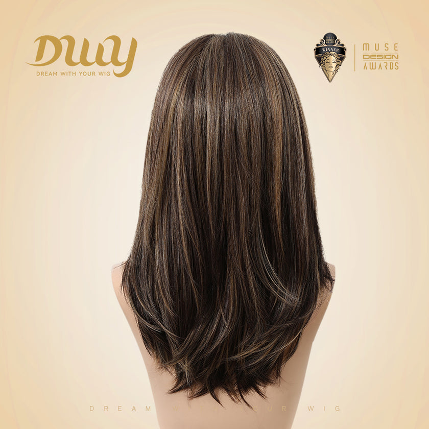 Fable-DWY 13×4 Filter Lace Front Free Part Mid-Length Layer-cut Straight Brown with Highligts Glueless Synthetic Wig