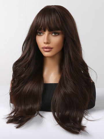 26 Inch Long Curly Brownish Black Wigs with White Bangs Synthetic Wigs for Women and Girls Daily Use Party or Vacation WL1104-1