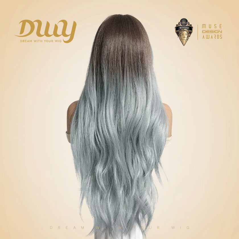 Celeste-DWY Free Part Lace Front 13×6 Ombre Light Blue Brown Wavy Synthetic Wig