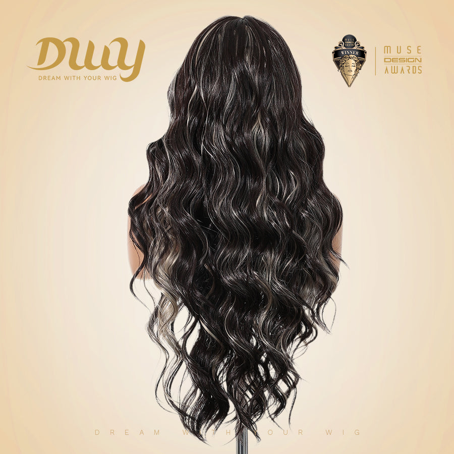 [CLEARANCE SALE] Odalys -DWY New Arrival 13×4 Lace Front Free Part Long-Length Curly Natural Brown with White Highlights Baby Hairline Glueless Synthetic Wig for Women 26 Inches