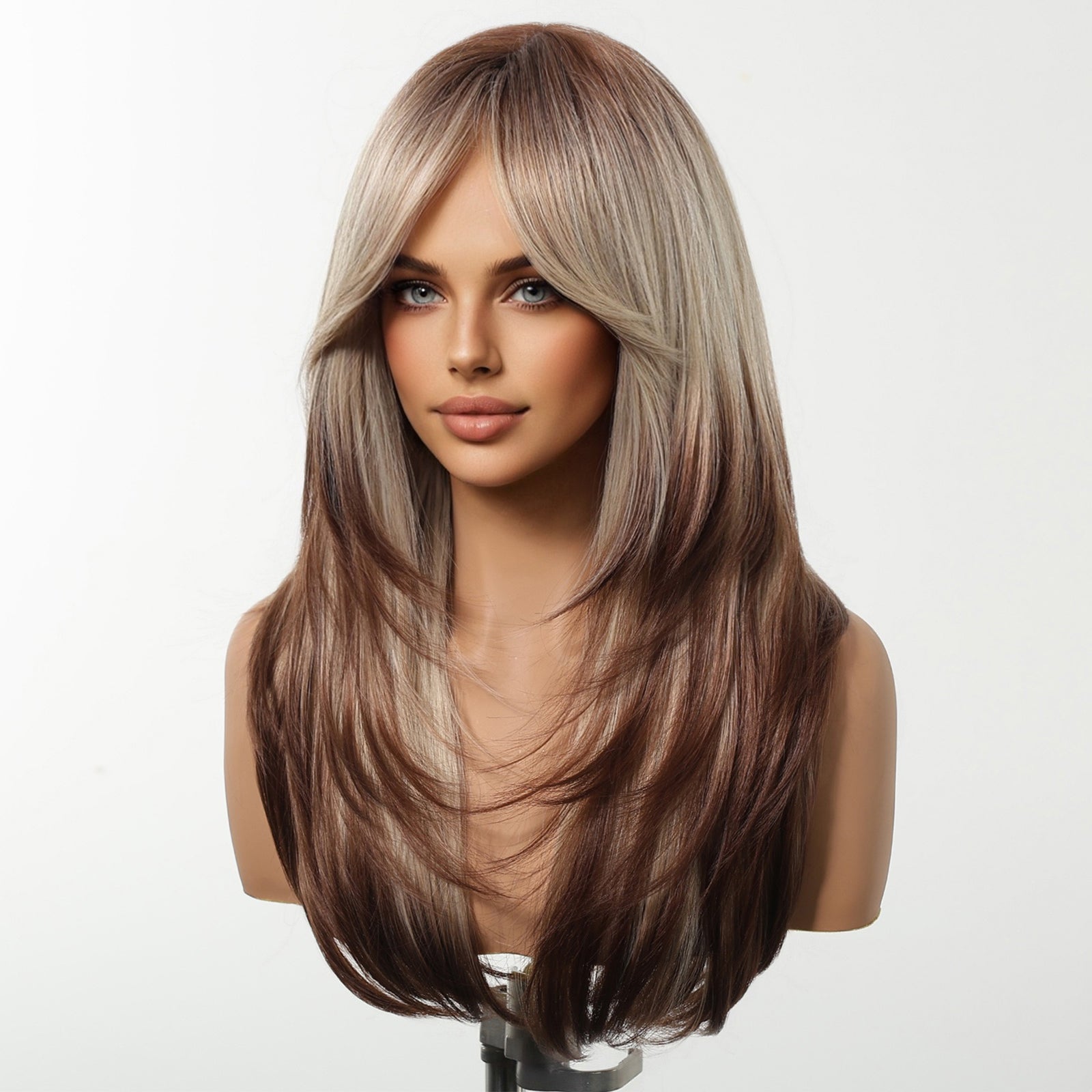 Erica-DWY Machine Made Mid-Length Straight Bleach Blonde with Brown Ends Glueless Synthetic Wig for Women 22 inches