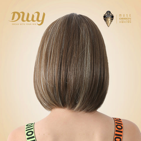 Jean-DWY 12-Inch Glueless Synthetic Wig: Chic Brown with Blonde Highlights and Bangs