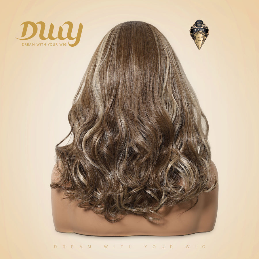 Juno C- New Arrival DWY 13×6 Lace Front Free Part Short-Length Curly Brown with Highlights Glueless Synthetic Wig