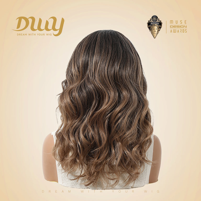 Juniper-DWY Filter Lace Front Curved Part Mid-Length Wavy Brown Dyed Black Glueless Synthetic Wig