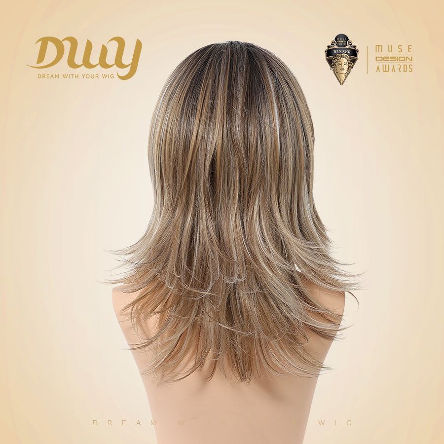 Esther C-DWY 13x4 Filter Lace Front Free Part Mid-Length Layer-cut Brown with Highlights Glueless Synthetic Wig