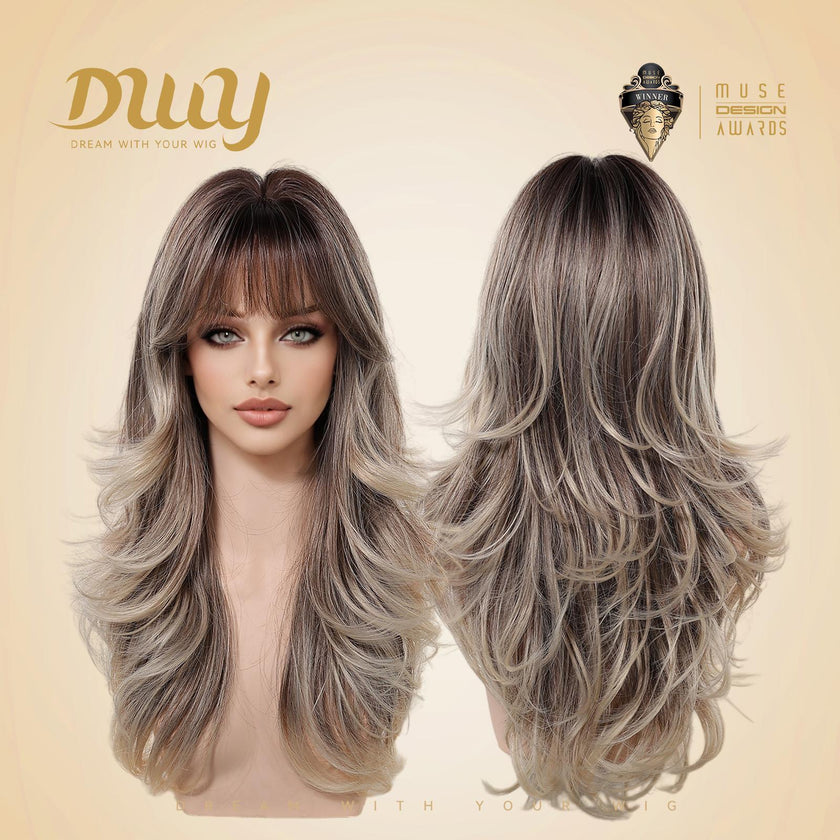 A double-view product shot showing both the front and back of a DWY long, layered synthetic wig with bangs in highlighted brown and blonde, against a beige background with brand logo.