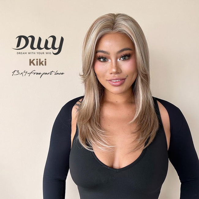 Kiki - NEW ! DWY 13×4 Lace Front Free Part Mid-Length Layer-cut Straight Beachy Blonde Glueless Synthetic Wig for Women 18 Inches