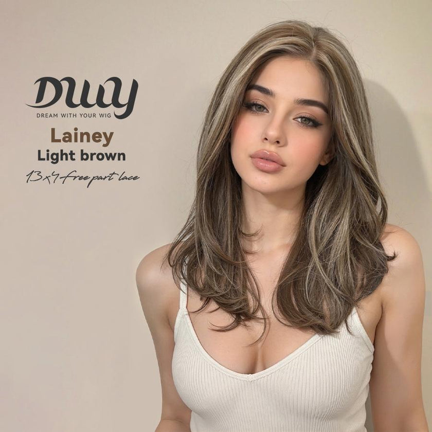 Lainey -NEW COLOR DWY 13×4 Free Parting Hand -Tied Top Middle Length Light Brown with Highlights  Glueless Synthetic Wig