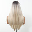 A back view of a female mannequin bust displaying a long, straight DWY wig. The wig features a dark root-smudge design that transitions sharply into a bright, icy platinum blonde color. 