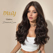 A woman with long, wavy, dark brown hair models the 'Claire' wig from DWY, which features a Diamond Lace construction, against a light beige background.