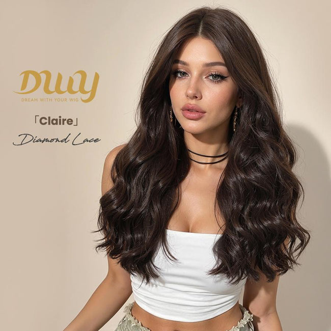 Claire NEW! DWY Pre cut U part Diamond Lace Long length Dark Brown Retro Water Waves Hair Glueless Synthetic Wigs for Women 24 Inches