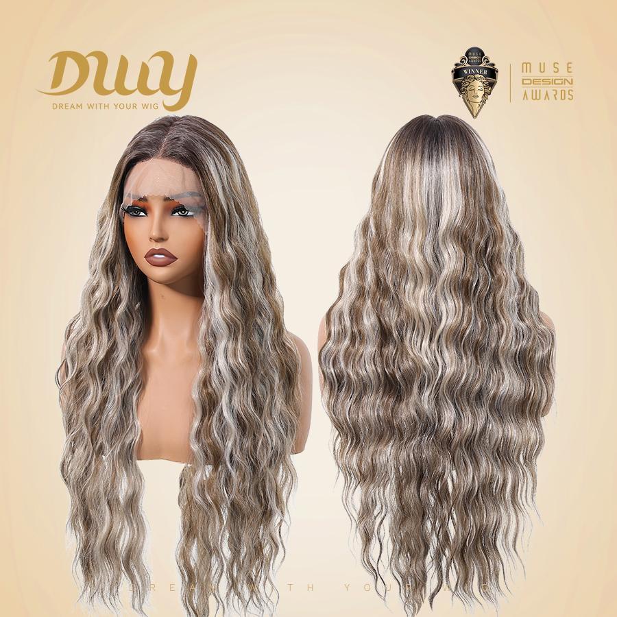 Bess-DWY 28-Inch Filter Lace Long Water Wavy Brown Wig with Highlights